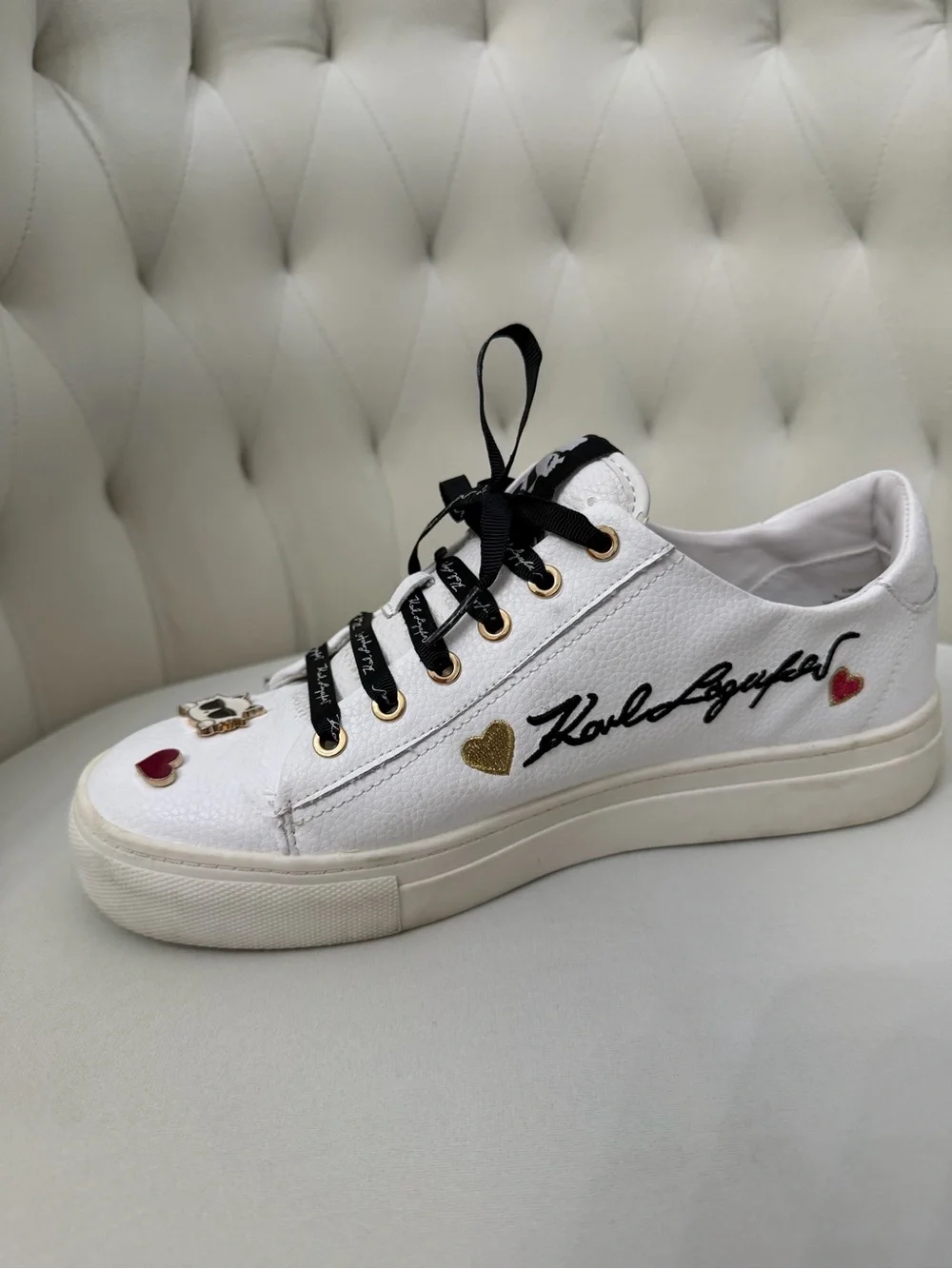 Karl Lagerfeld White Sneakers with Black Ribbon Laces and Heart Studs